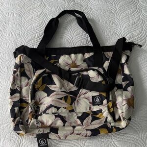 Volcom Black Floral Tote with Cream and Mustard Accents